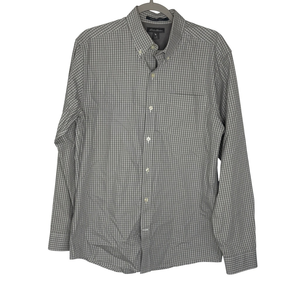 Eddie Bauer Mens Medium Grey Plaid Long Sleeve Button Down Wrinkle Free Shirt